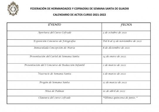 Calendario de actos y cultos. Curso Cofrade 2021-2022