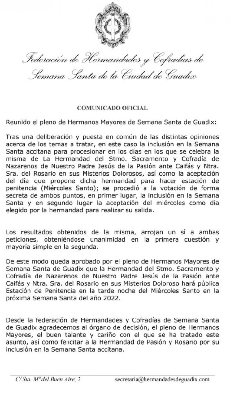 Aprobación por el pleno de Hermanos Mayores de Semana Santa de Guadix que la Hermandad de Pasión y Rosario hará pública Estación de Penitencia en la tarde noche del Miércoles Santo en la próxima Semana Santa del año 2022