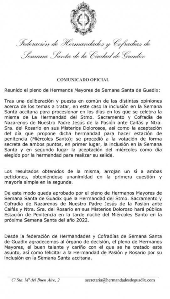 Aprobación por el pleno de Hermanos Mayores de Semana Santa de Guadix que la Hermandad de Pasión y Rosario hará pública Estación de Penitencia en la tarde noche del Miércoles Santo en la próxima Semana Santa del año 2022