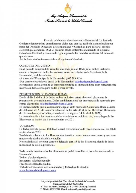Calendario electoral de la Muy Antigua Hermandad de Nuestra Señora de la Soledad Coronada de Guadix