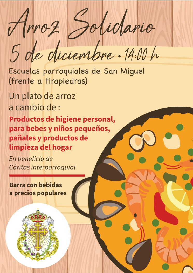 Este domingo 5 de diciembre estamos todos convocados en las escuelas parroquiales de San Miguel (arco de Mensafies), donde tendrá lugar el famoso ARROZ SOLIDARIO de la Borriquilla