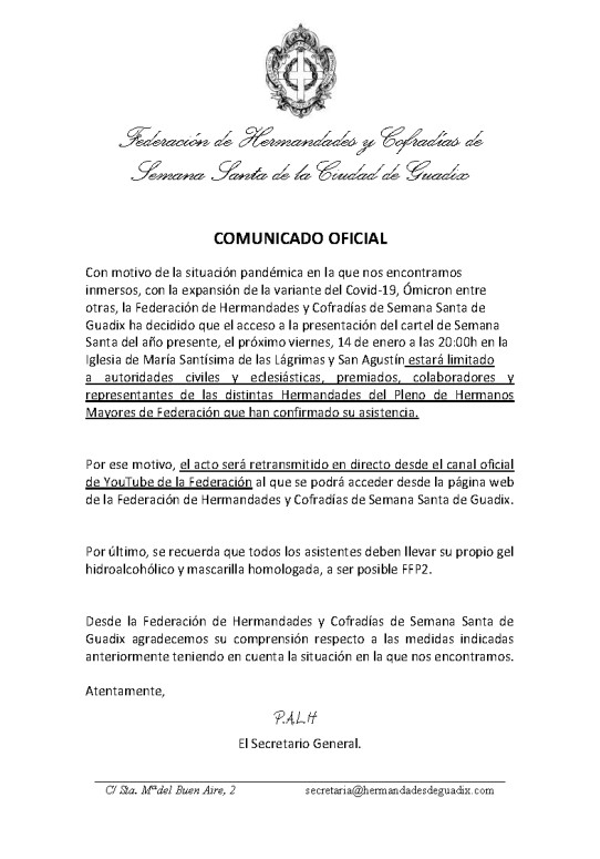 COMUNICADO OFICIAL| Presentación del cartel de Semana Santa de Guadix 2022
