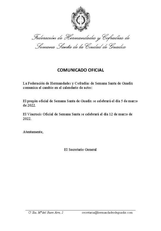 Cambio en el calendario de actos de la Federación de Hermandades y Cofradías de Semana Santa de Guadix