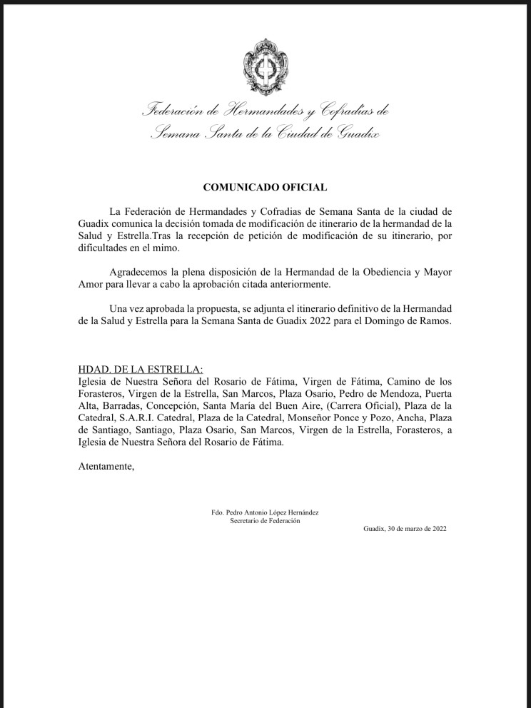 COMUNICADO OFICIAL - Modificación en el itinerario de la Hermandad de Salud y Estrella para la Semana Santa de Guadix 2022