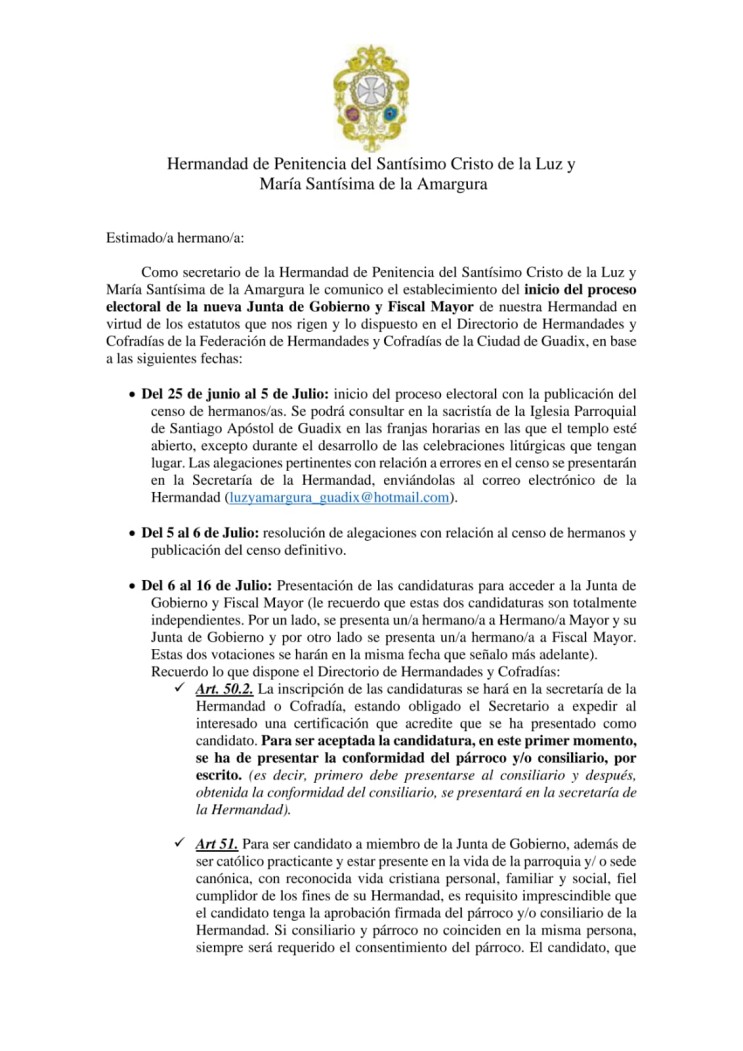 Comunicado de inicio de proceso de elecciones en la Hermandad del Cristo de la Luz y Amargura