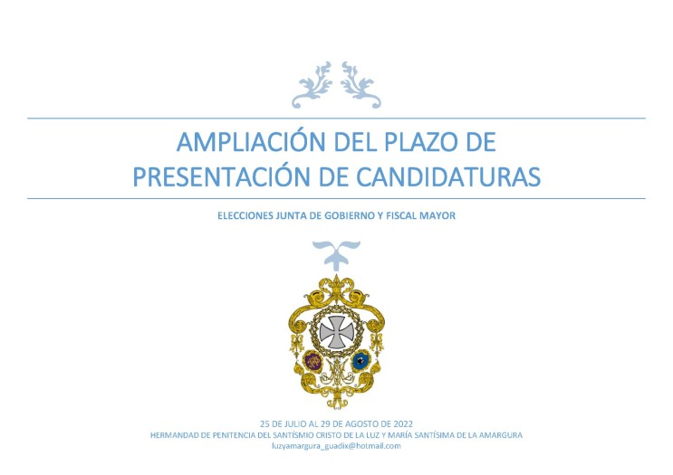 Ampliación plazo presentación de Candidaturas en la Hermandad del Cristo de la Luz y Amarguras