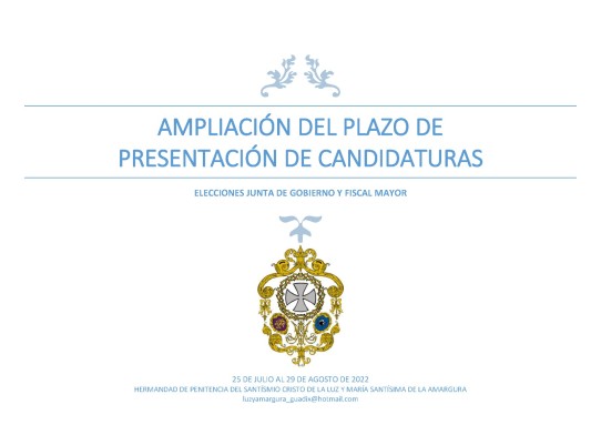 Ampliación plazo presentación de Candidaturas en la Hermandad del Cristo de la Luz y Amarguras