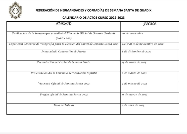 Calendario de Actos y Cultos del  Curso Cofrade de Guadix 2022-2023
