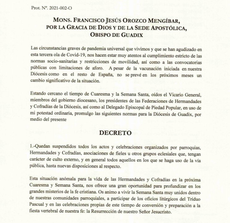 Suspensión de los actos penitenciales en el exterior de los templos, por parte de las Hermandades que conforman esta Federación de Cofradías , en la próxima Semana Santa.