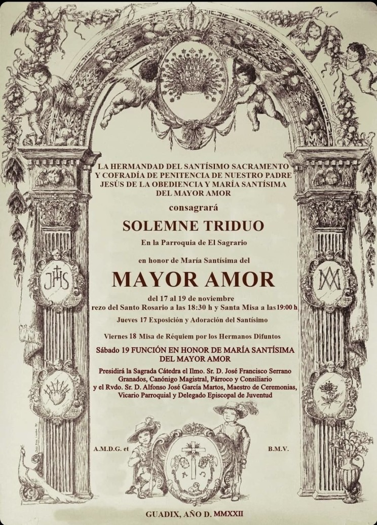 La hermandad de la Obediendia y Mayor Amor celebrará Solemnes Cultos en honor a su sagrada titular, María Santísima del Mayor Amor.