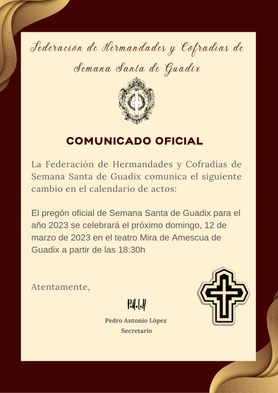 COMUNICADO OFICIAL - Pregón de Semana Santa