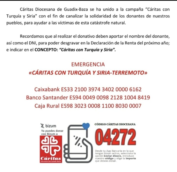 Cáritas Diocesana de Guadix-Baza se ha unido a la campaña “Cáritas con Turquía y Siria”