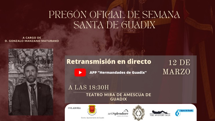 Retransmisión en directo del pregón oficial de Semana Santa de Guadix 2023 a partir de las 18:30h