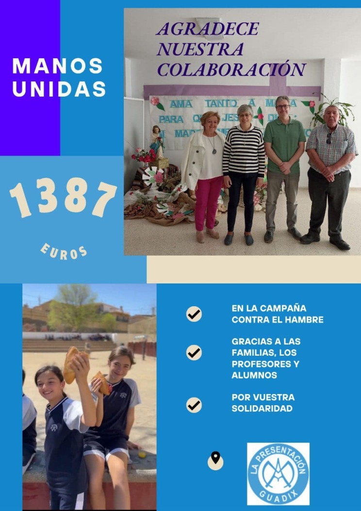 Desde Manos Unidas de Guadix nos informan de la recepción de una importante donación por parte del Colegio La Presentación de Guadix