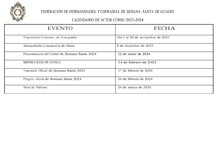 Aprobación del calendario cofrade para el año 2023-2024