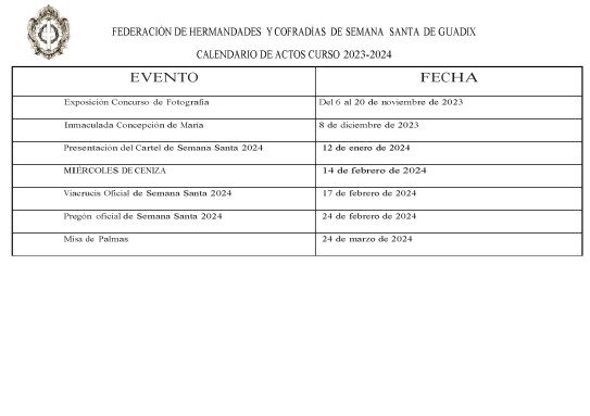 Aprobación del calendario cofrade para el año 2023-2024