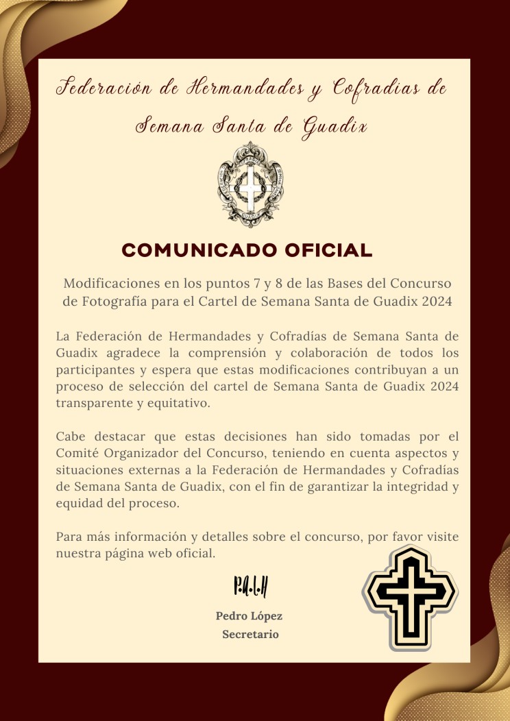 COMUNICADO OFICIAL -  Modificaciones en los puntos 7 y 8 las Bases del Concurso de Fotografía para el Cartel de Semana Santa de Guadix 2024