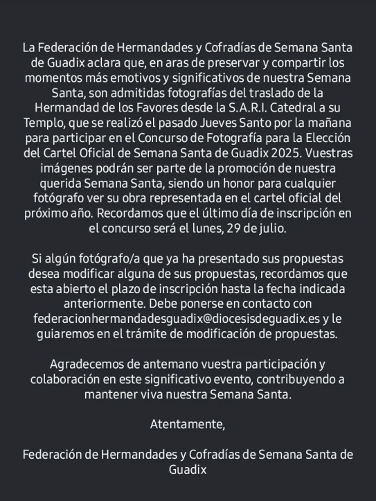 Comunicado de la Federación de Hermandades y Cofradías de Semana Santa de Guadix