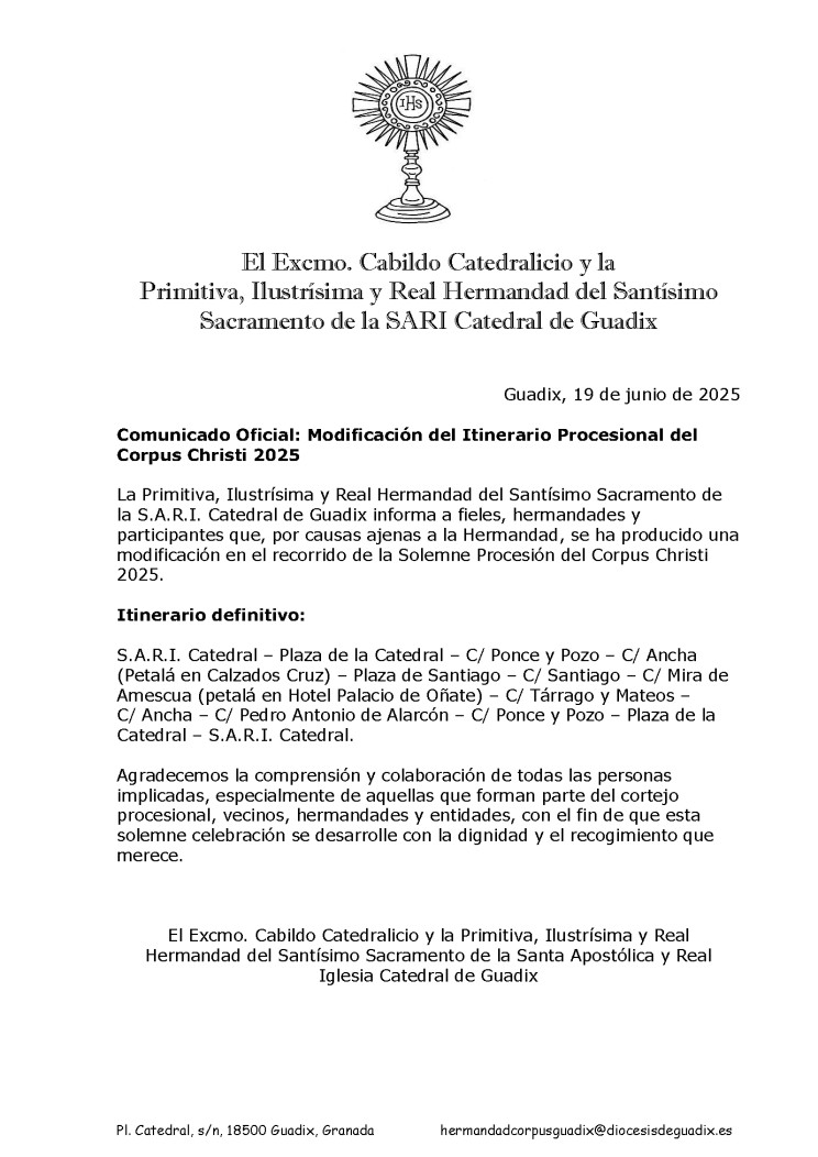 Comunicado Oficial: Modificación del Itinerario Procesional del Corpus Christi 2025