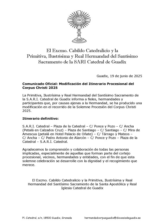 Comunicado Oficial: Modificación del Itinerario Procesional del Corpus Christi 2025