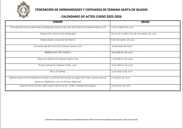 Aprobado el Calendario Oficial de Actos del Curso Cofrade 2025-2026