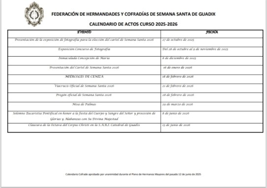 Aprobado el Calendario Oficial de Actos del Curso Cofrade 2025-2026
