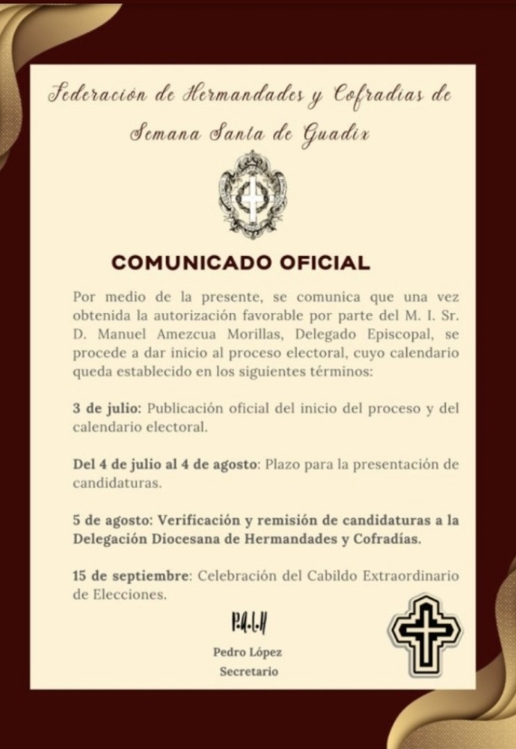 Aceptadas las candidaturas a la Presidencia de la Federación de Hermandades y Cofradías de Guadix